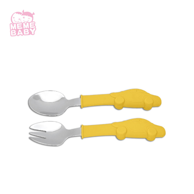 Cartoon Stainless Steel Silicone Fork And Spoon Set For Baby Gift