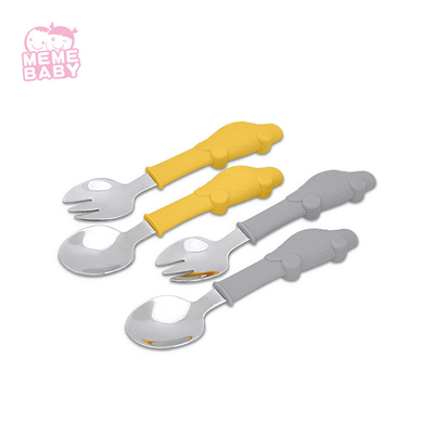 OEM Welcome Stainless Steel Silicone Flatware Kids Fork And Spoon 2 Pcs