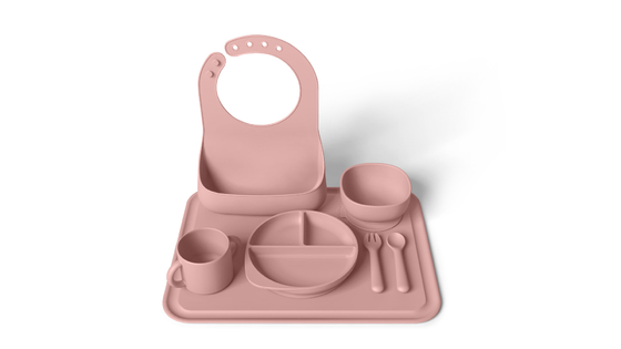 LFGB Customized Silicone Bib And Plate Set Pink With Handles